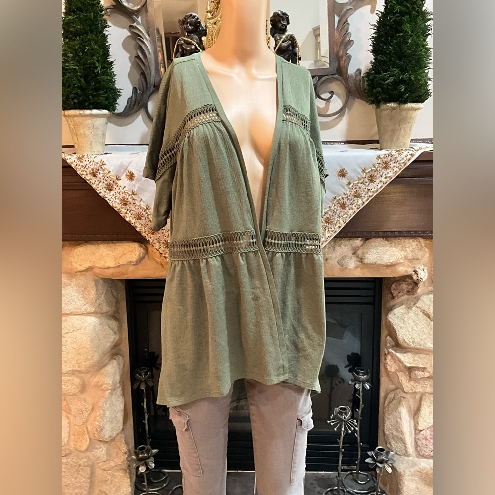 Cure Green Boho Top with Crochet Details Cardigan